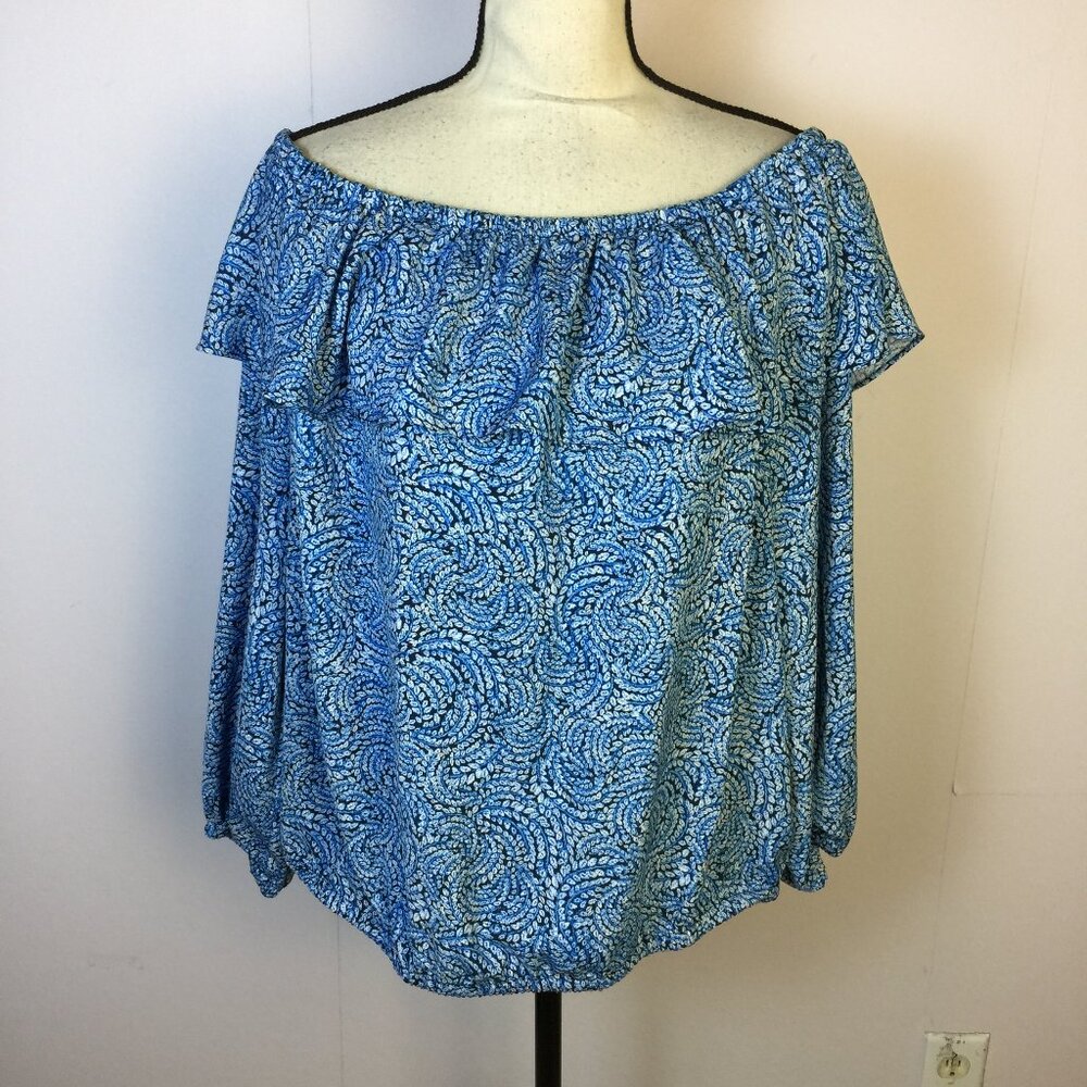 Michael Kors Blouse Top Size XL Womans Blue Off The Shoulder Ruffle Long Sleeve